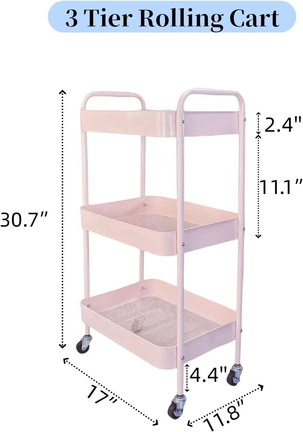 3 Tier Pink Rolling Cart for Nursery & Laundry Room with Handle & 4 Hooks, Metal Kitchen Storage Cart on Wheels and Lockable Casters, Large Capacity Sturdy Trolley for Lash Craft Bathroom