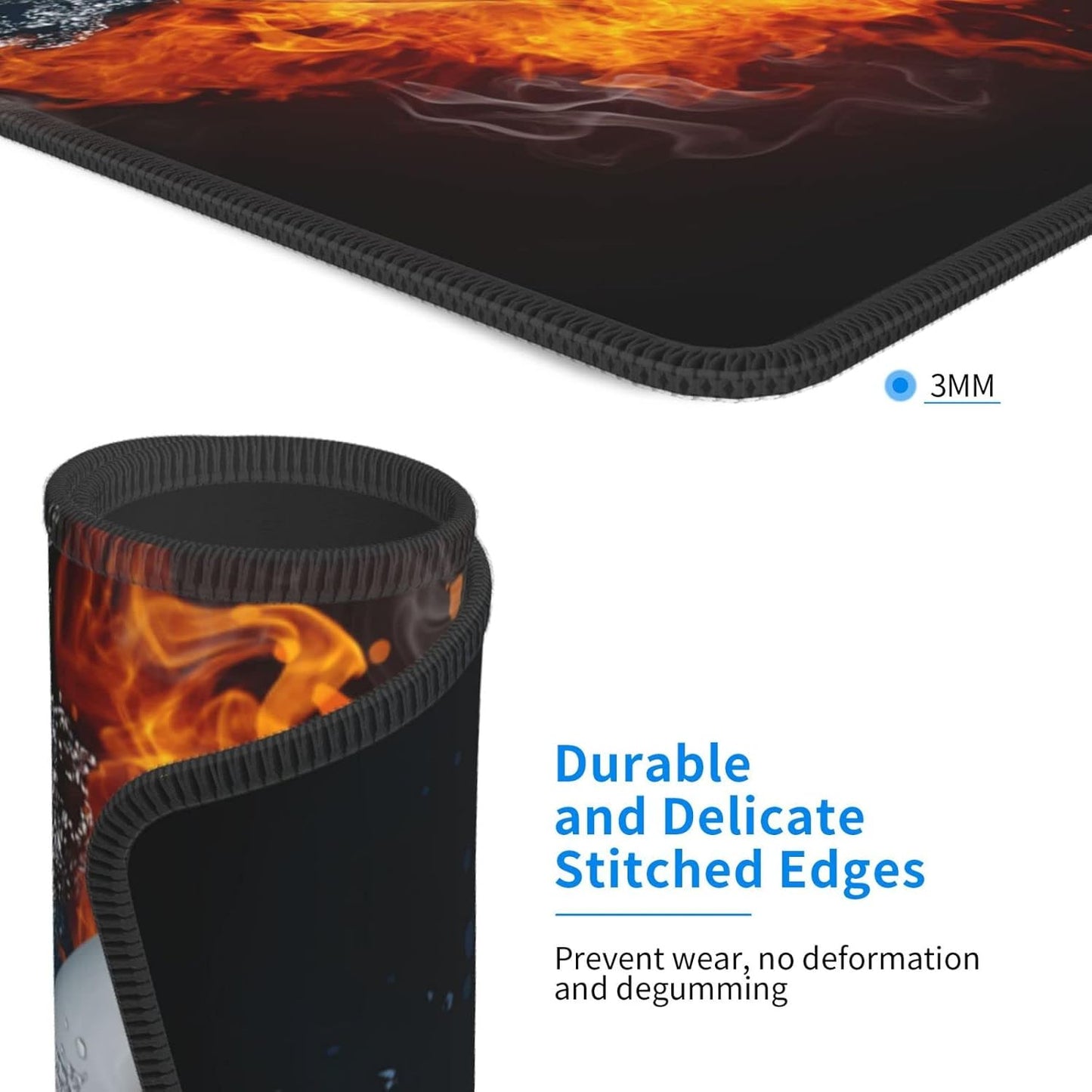 Boys Gaming Mouse Pad with Hockey Ball Fire Water Pattern, Large 12 x 10 inch Mouse Pads with Stitched Edge for Home Office Computer Laptop Non-Slip Rubber Base Desk Mat for Wireless Mouse