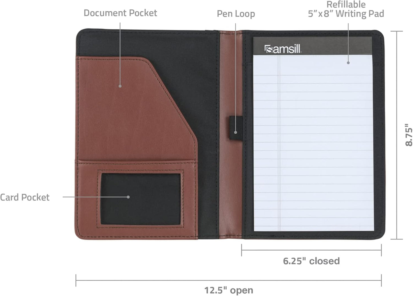 Samsill Contrast Stitch Faux-Leather Portfolio, Mini Size Business Interview Professional Padfolio, Includes 5 x 8 Inch Writing Pad, Brown