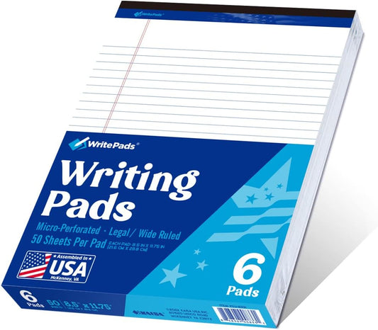 Legal Pad 8.5 x 11 Note Pad, Wide Ruled Writing Pad, White Paper, 6-Pack, 50 Sheets Per Pad, Micro-Perforated Notepad, Office Supplies (KSU-8331) - Made in the USA