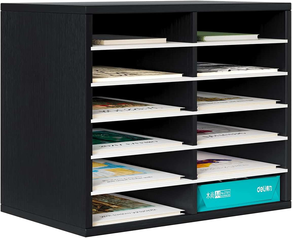 PAG Countertop Mail Sorter Organizer, Wooden Literature Organizer, Student Mailbox for Classroom, Desktop Bill Organizer for Office Home School, 12 Compartments, Black&White