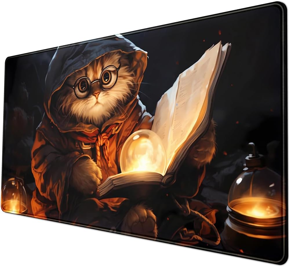 Magical Cat Desk Mouse Mat Black Vintage Desk Pad Playmat for MTG Large Mousepad Gaming Deskpad XXL Keyboard Mouse Pad Full Desktop Mat Desk Cover Mat for Work Office Home (31.5x15.7 in)