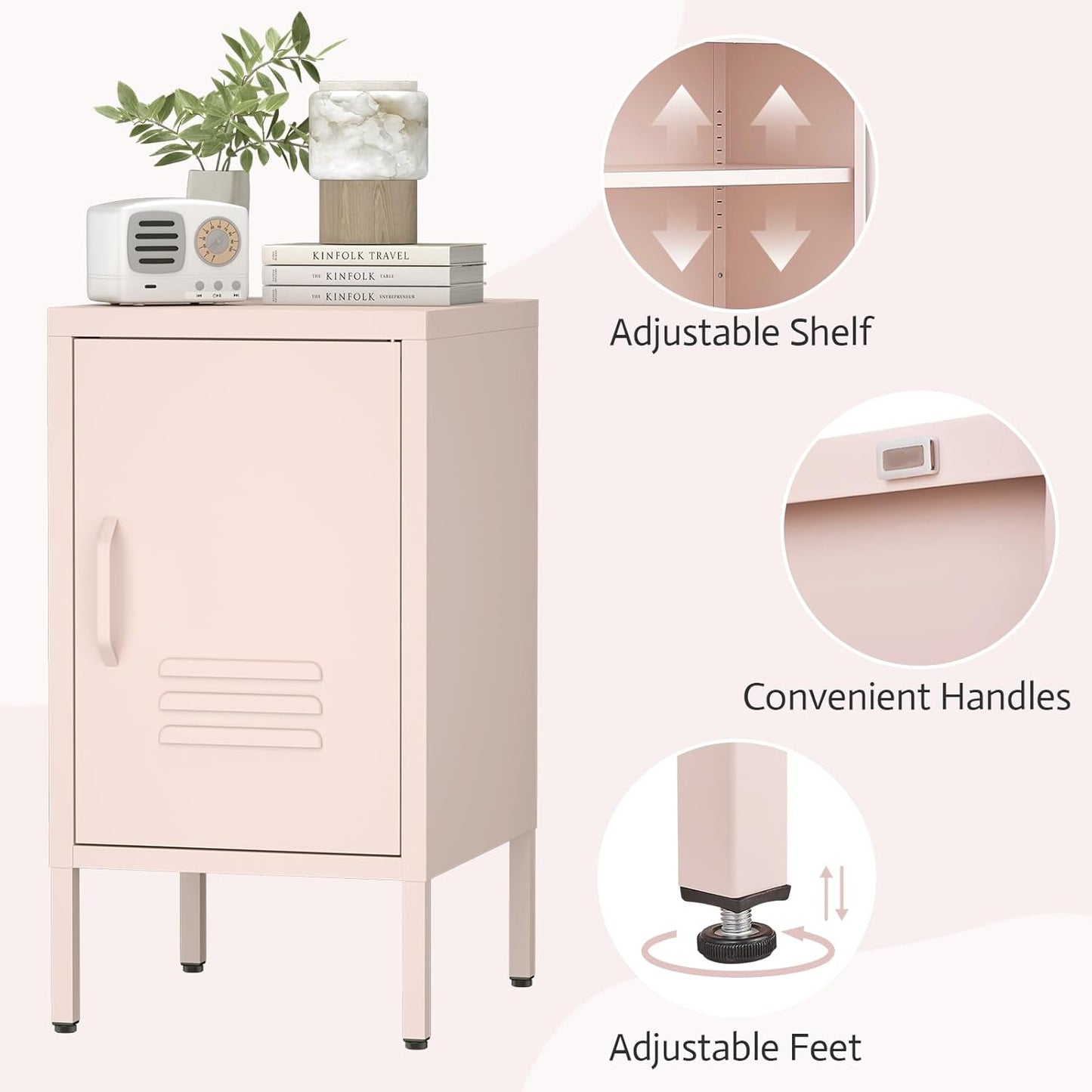 Metal Cabinet,Locker Nightstand with Shelf,Metal Storage Locker,Steel Bedside Storage Cabinets for Living Room Bedroom,Pink