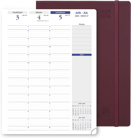 POPRUN Academic Planner 2025-2026, 8.5'' x 11.25'', Quarter-Hourly Appointment Book (July 2025-June 2026) with PU Leather Soft Cover, Dual Pockets, Monthly Tabs, 100GSM Thick Paper - Claret
