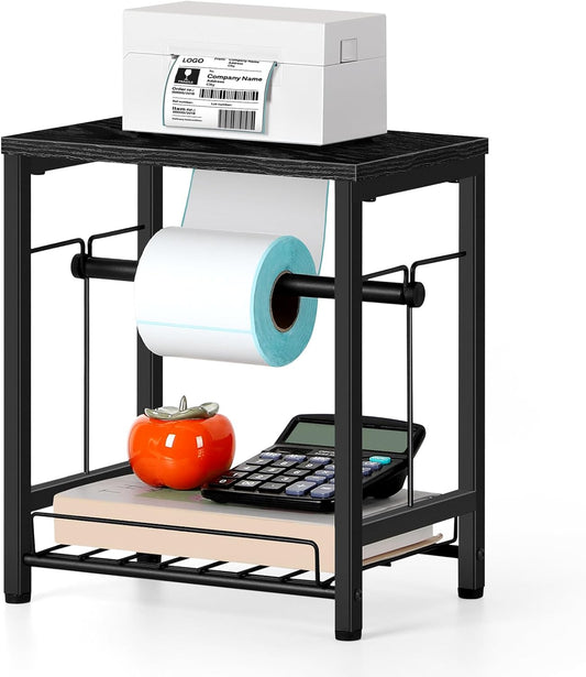 Label Holder for Rolls and Fan-Fold Labels, Wooden Thermal Printer Sticker Stand Shipping Label Holder with Basket, Black Label Roll Holder Dispenser for Home, Office, Small Business