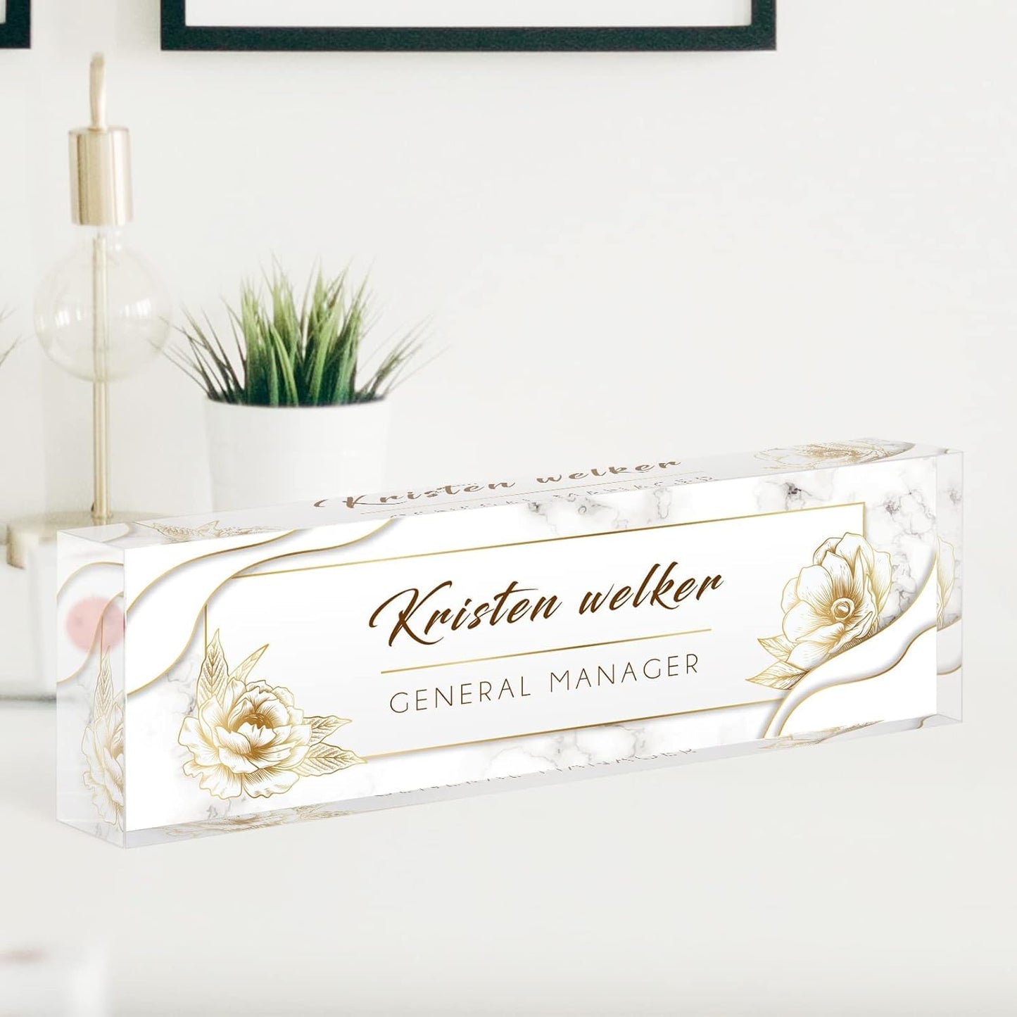 Desk Name Plate Personalized, Premium White Marble Flowers Acrylic Desk Name Plate, Personalized Name Plate for Desk, Office Decor for Women or Men Coworkers, Boss, Employee, Teacher