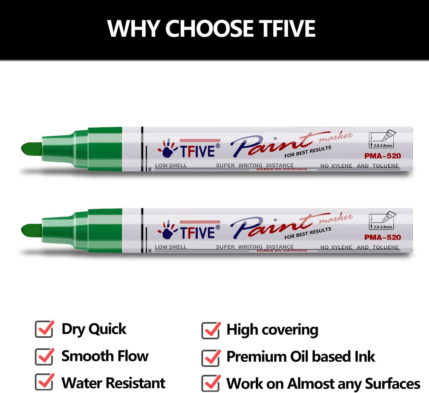 TFIVE Green Permanent Paint Marker Pens - 2 Count Oil Based Marker Pen, Medium Tip, Waterproof & Quick Dry, for Office, Art projects, Rock Painting, Ceramic, Glass, Wood, Plastic, Metal, Canvas