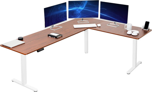 VIVO Electric Corner L-Shaped 84 x 63 in Standing Desk, Memory Height Adjustment, Dark Walnut Top White Frame, DESK-E3CTWD-84