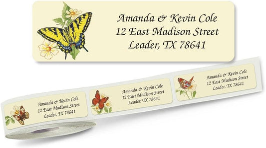 Butterflies Rolled Personalized Return Address Mailing Labels with Dispenser, Set of 250, 5 Designs, Small ¾ x 2½ Inch Size, Custom Self-Adhesive Sticker Roll, by Colorful Images