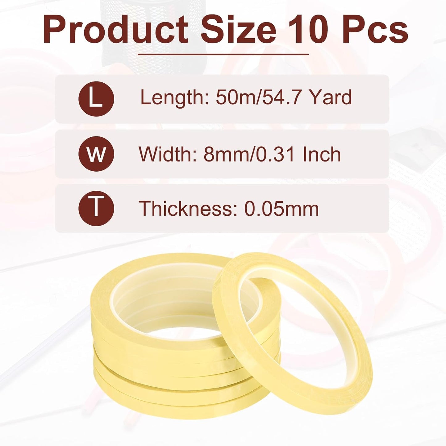 MECCANIXITY 10 Rolls Whiteboard Tape Graphic Chart Tape 8mm 54.7 Yard Art Tape Thin Self-Adhesive Pinstripe Tape Masking Tape for Gift Wrapping Craft Supplies, Light Yellow