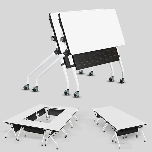 Conference Table, Folding Conference Room Tables, Mobile Training Tables with Silent Wheels, Large Rectangular Modular Seminar Table Office Computer Desks for Classroom White (2Pack L55.1in)