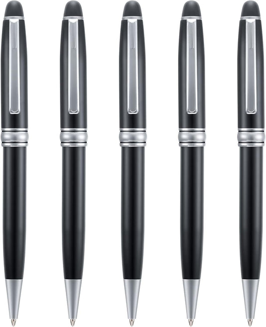 5 PCS Black Ballpoint Pens with Extra Refills Set, 1mm Medium Point Black Ink, Great Smooth Writing Metal Pen for Business Office Teacher Student Wedding Guest Gift (SilverTrim)