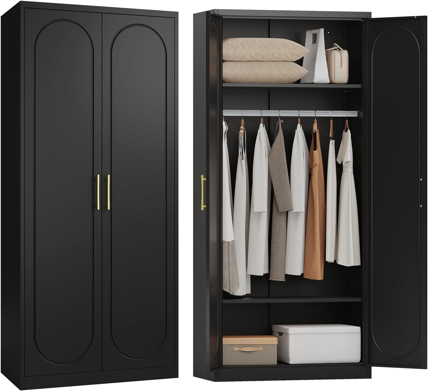 Metal Armoire Wardrobe Closet with Doors and Shelves, 71" Tall Wardrobe Closet with Hanging Rod, Freestanding Clothes Cabinets, Large Wardrobes for Bedroom, Black, Assembly Required