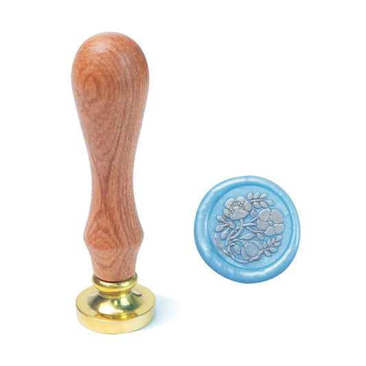 Wax Seal Stamp, Brass & Rosewood Handle, Three Flowers, 0.98" Diameter, 3.54" Length, Clear Color, Craft & Stationery Use