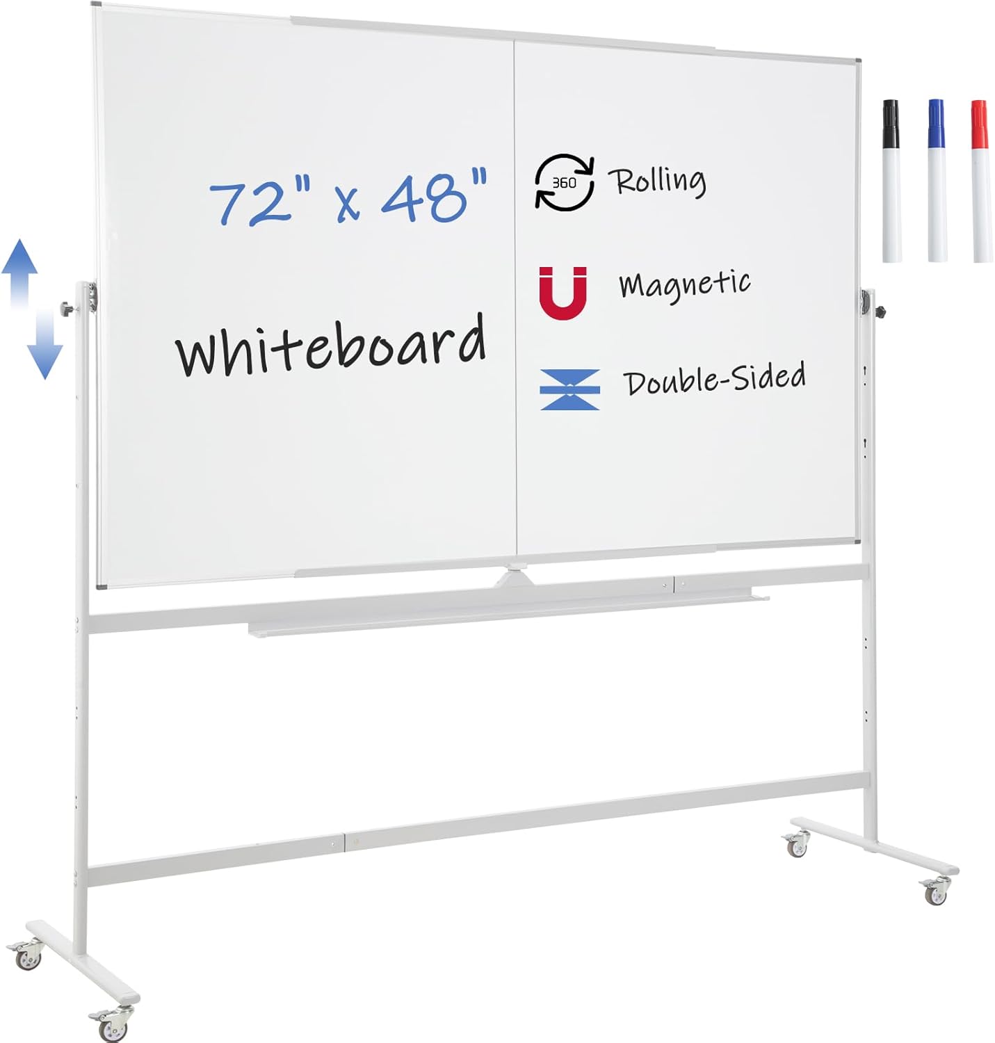 FORTUNO Large Magnetic Mobile Whiteboard 72"x48", Rolling Double Sided Stand Whiteboard on Wheels, Reversible Adjustable Height/Angle Dry Erase Board 6' x 4' Easel White Board for Office Classroom