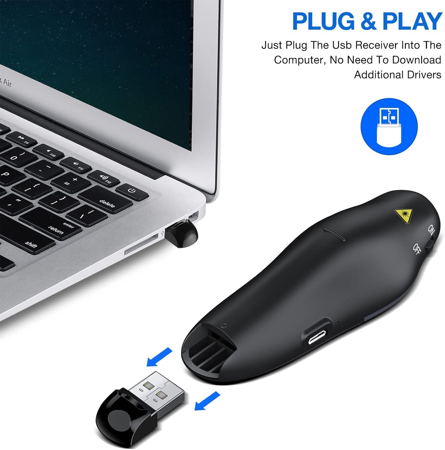 Rechargeable Presentation Clicker Wireless Presenter Remote USB Control Powerpoint PPT Clicker, Red Laser Pointer RF 2.4GHz Presenter Remote Slide Advancer for Computer/Laptop/Mac/Keynote