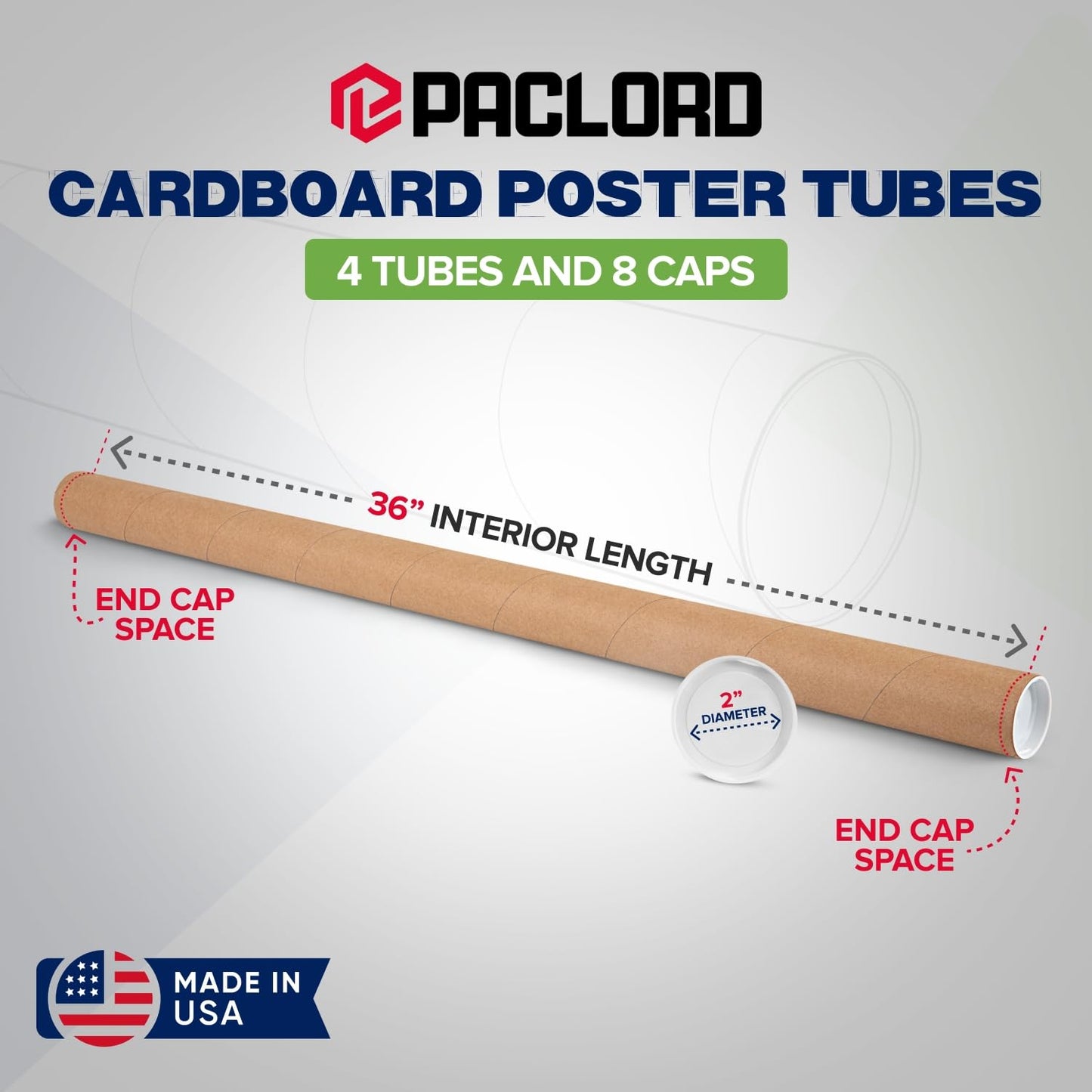 2" x 36" Reinforced Kraft Paper Mailing Tubes, Pack of 4 Tubes with 2 Caps Each – USPS Approved Poster Tube – Made in USA Cardboard Tube for Shipping and Storing Posters, Prints, Artwork, or Documents