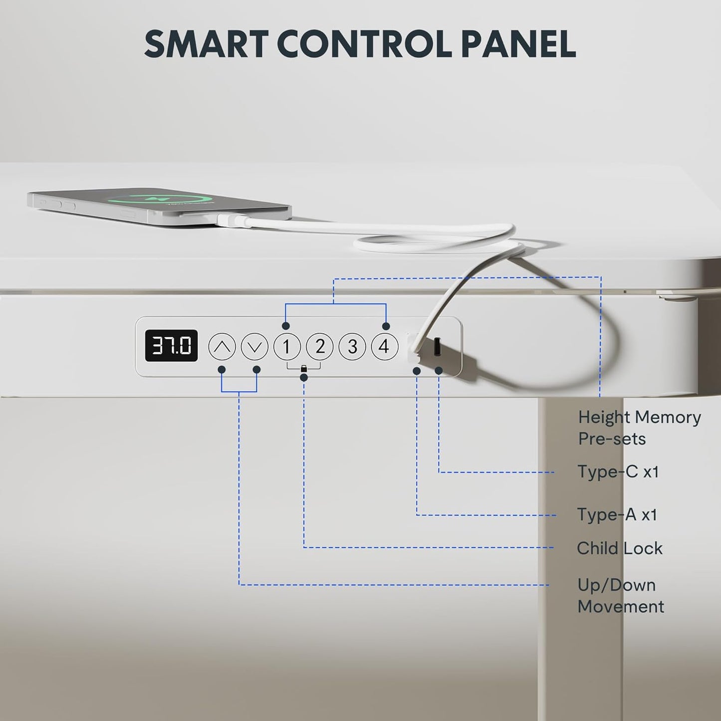 FLEXISPOT Comhar Electric Standing Desk with Drawers Charging USB A to C Port, Height Adjustable 48" Whole-Piece Home Office Computer Laptop Table with Storage (White Top + Frame)