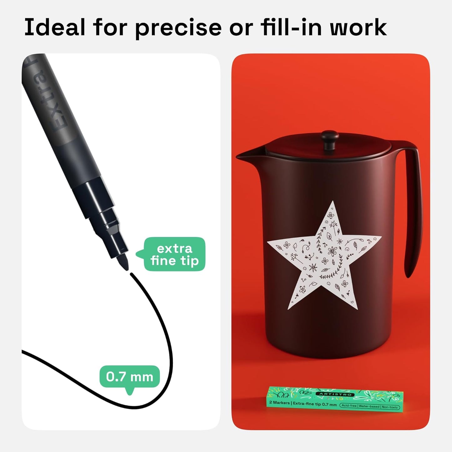 ARTISTRO 2 Black & White Acrylic Paint Markers - 0.7mm Extra Fine-Tip Paint Pens - Perfect for Crafting, Art Projects, & More