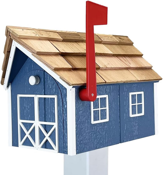 Peaceful Classics Amish Cedar Roof Wooden Mailbox with Window & Door Trim, Handcrafted Mailboxes for Outside, Post Mount Residential Mailboxes - (Country Blue & White, Wood)