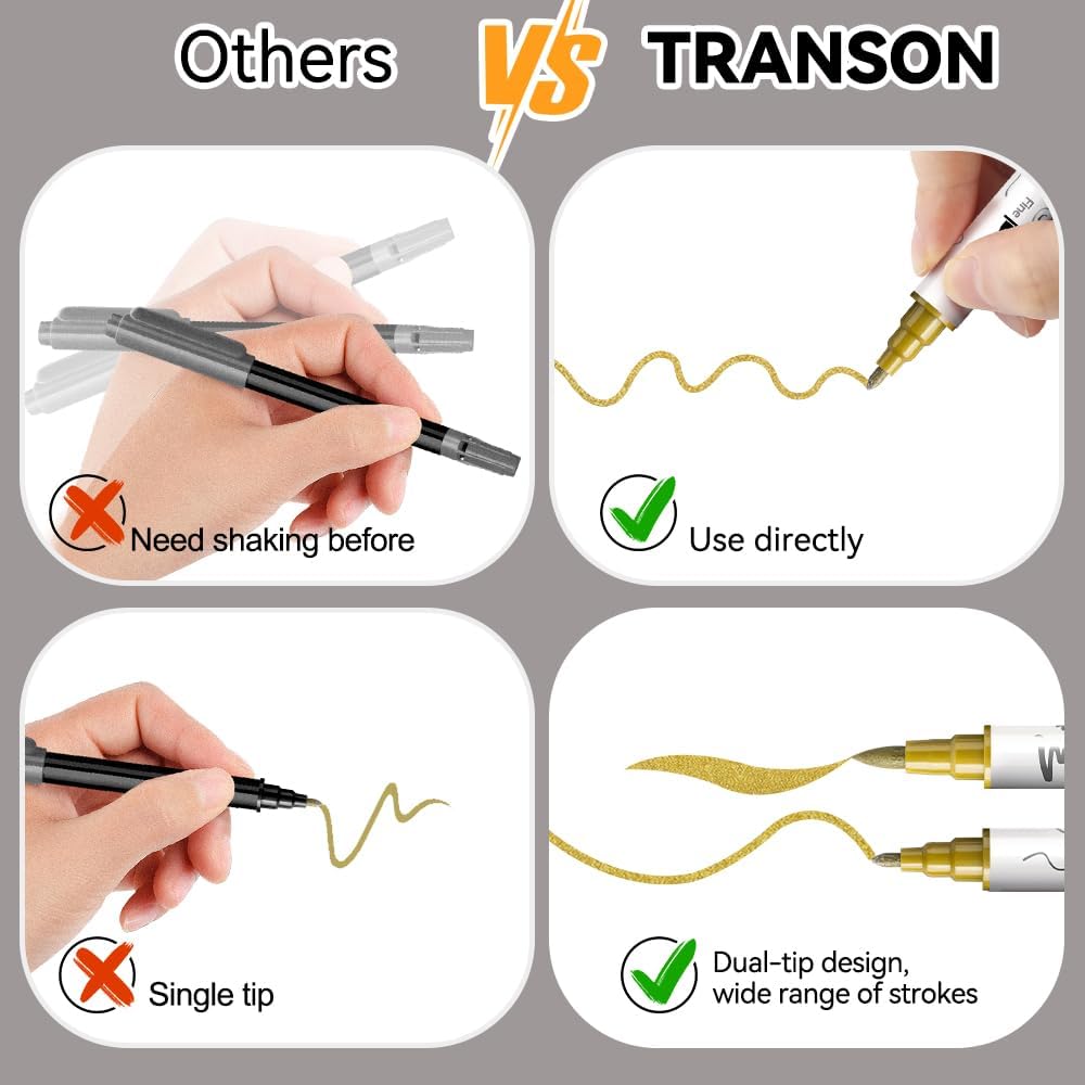 TRANSON 2 Gold, 2 Silver, 2 Black and 2 White Paint Markers Brush and Fine Dual-tip Acrylic Paint Marker Set for Rock Painting Glass Canvas Wood Leather Ceramic Painting