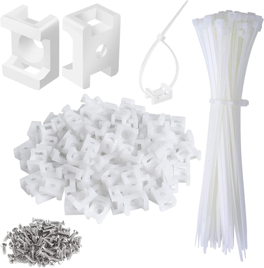 100 Pcs Cable Zip Tie Saddle Type Mounts Base with 100 Pcs 8" Cable Ties and 100 Pcs Tapping Screw, Wire Cable Clips Organizer Holders Clamps White
