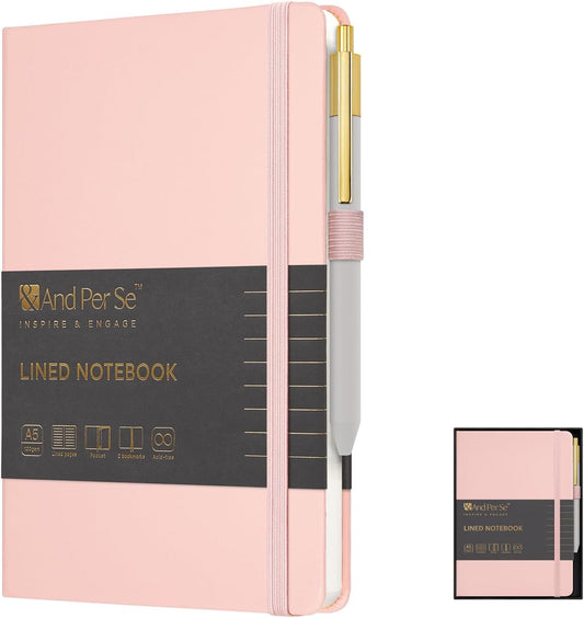 A5 Lined Leather Journal and Pen Set for Women&Men, Gift Box Included, Hardcover Notebook with 160 Pages 100GSM Thick Paper, for Work, Business, School or Home Writing (Pink)