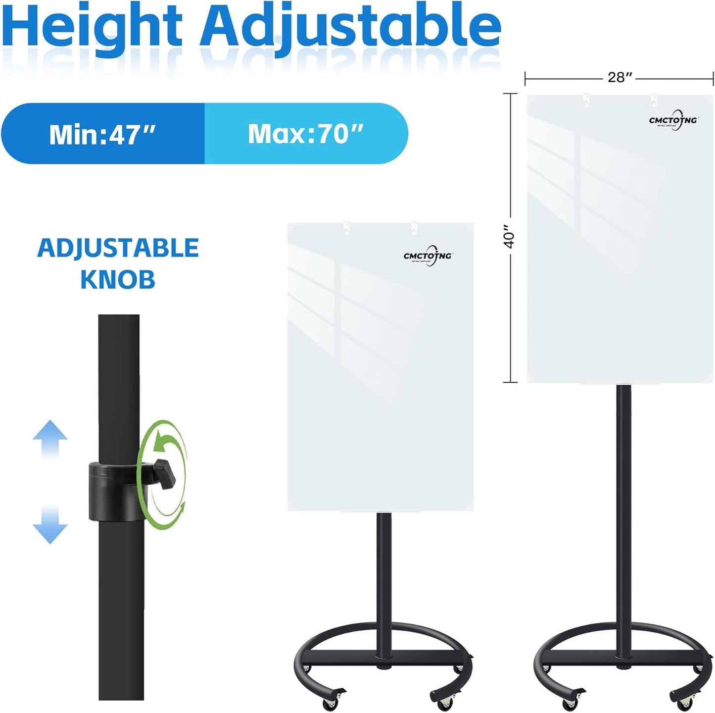 Rolling Magnetic Tempered Glass Whiteboard Frameless Dry Erase Board Wall Mounted Ideal for Office Classroom and Home Use Durable Whiteboard Glass Surface (28'' X 40'')