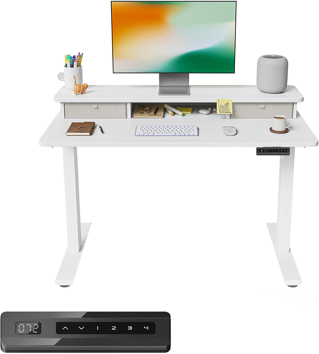 FEZIBO 40 x 24 Inch Height Adjustable Electric Standing Desk with Double Drawer, Computer Desk, Home Office Stand Up Table with 4 Height-Adjustable Feets & 2 Hooks, White