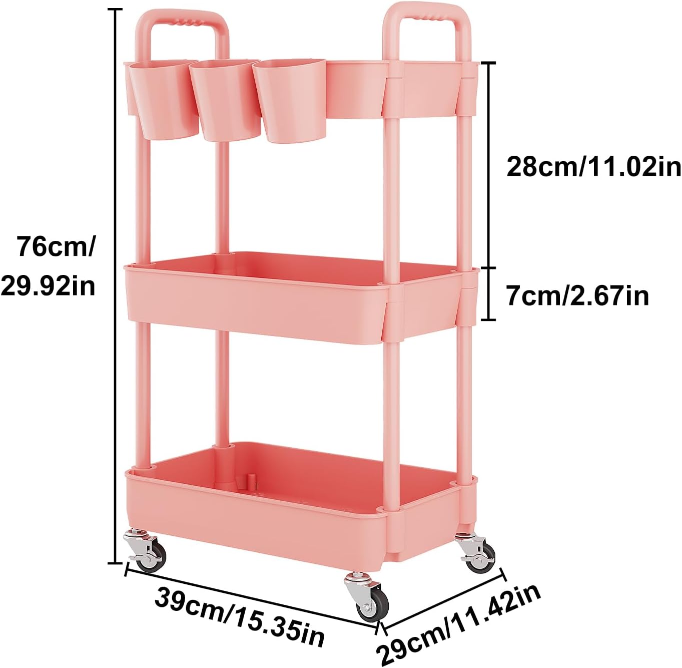 UDEAR 3-Tier Rolling Utility Cart,Multifunctional Storage Shelves with Handle and Lockable Wheels for Room,Office,Kitchen,Bathroom,with 3 Hanging Cups,Pink