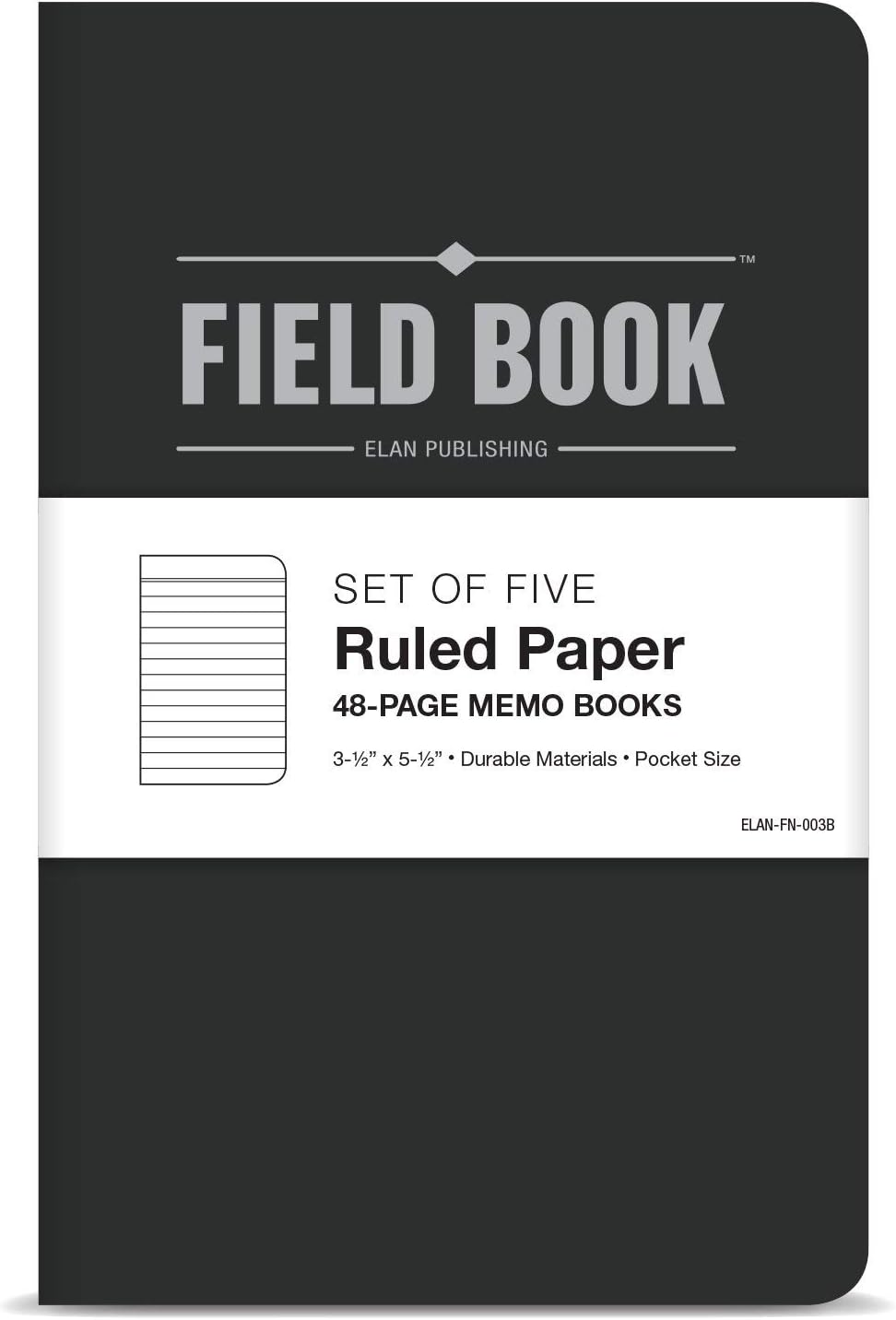 Elan Publishing Company Field Notebook/Pocket Journal - 3.5"x5.5" - Black - Lined Memo Book - Pack of 5