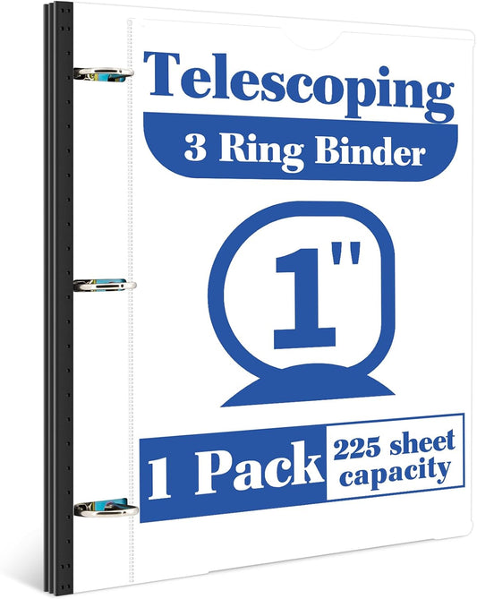 INFUN 1 Inch Telescoping 3 Ring Binder - 1PCS-White，Flexible Binders with Customizable Front Cover and Clear Catalog Pocket, 1Inch Rings, 225 Sheet Capacity