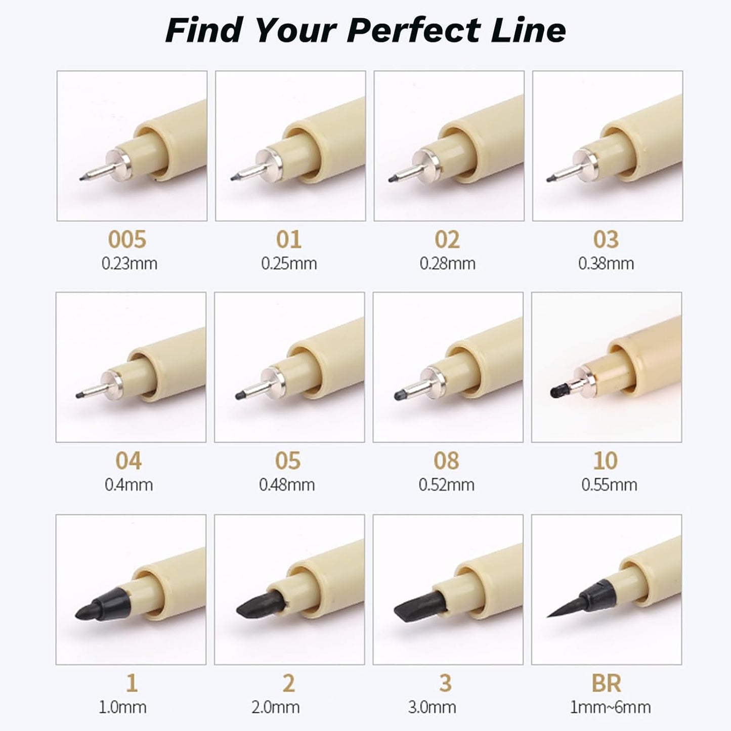 12 Pack Fineliner Drawing Pens – Black Waterproof Micro Line Ink Pens with Assorted Tip Sizes (005 to BR) for Manga, Sketching, Journaling & Technical Illustration