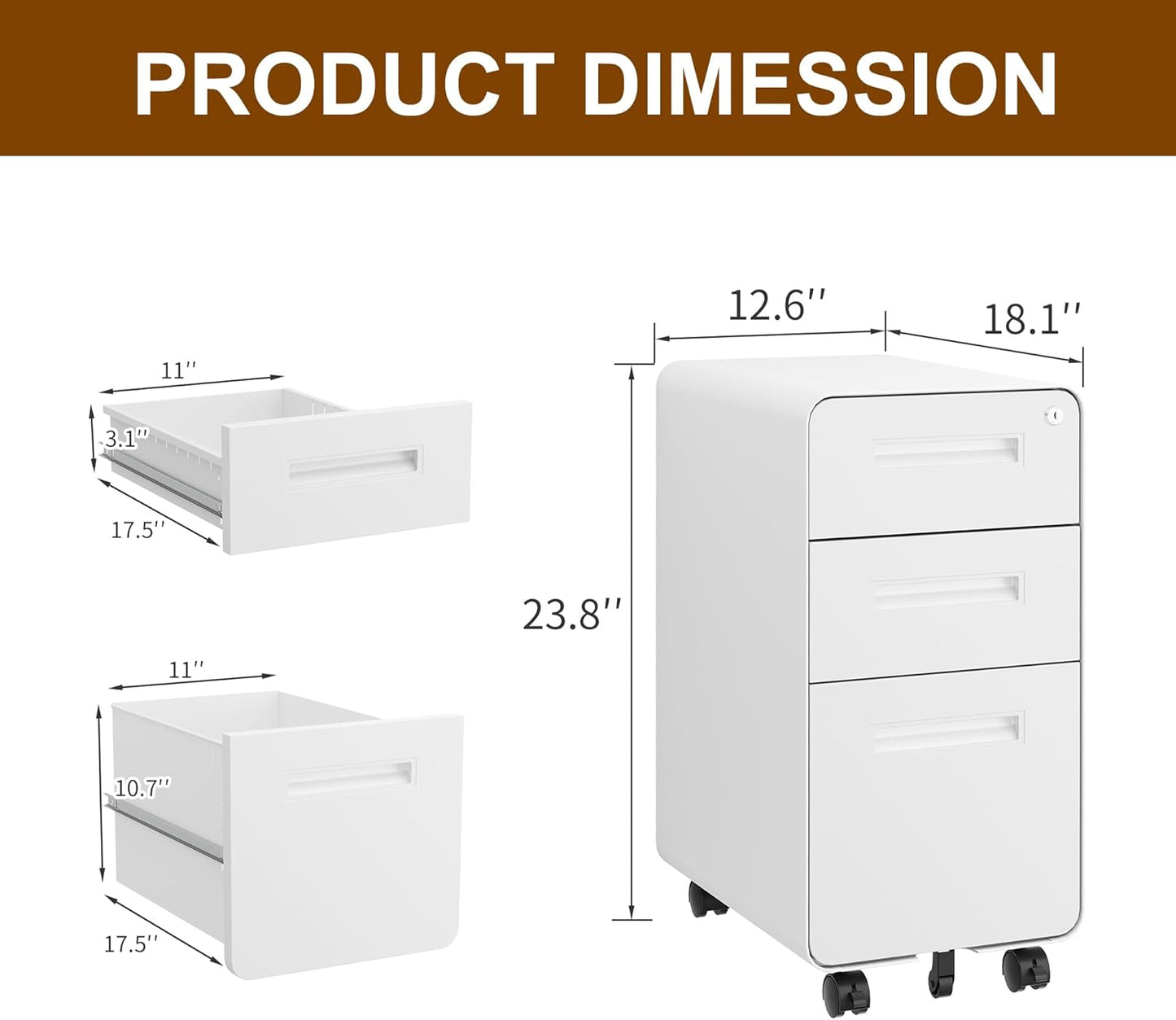 3 Drawer File Cabinet With Lock and 4 Keys, Mobile Metal Filing Cabinet for Home Office, Under Desk, Pre-Assembly, Letter/Legal/A4 Hanging Folders