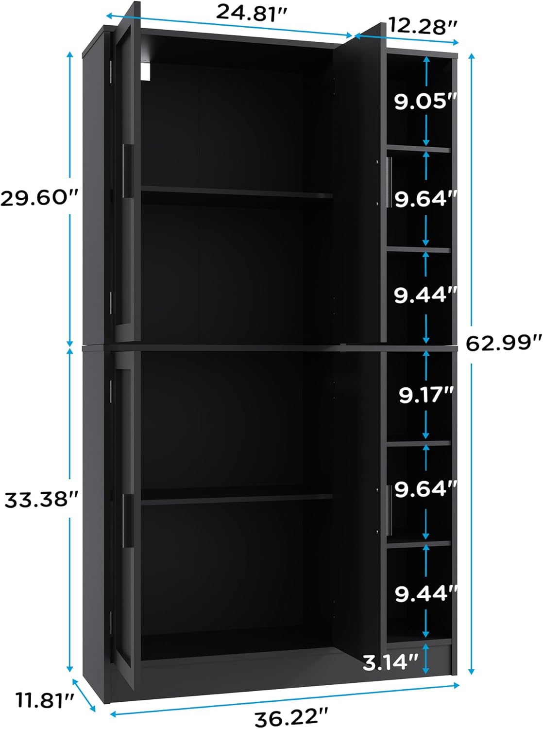 63" Tall Black Kitchen Pantry, Freestanding Storage Cabinet with 4 Doors, Adjustable Shelves for Dining Room, Laundry Room