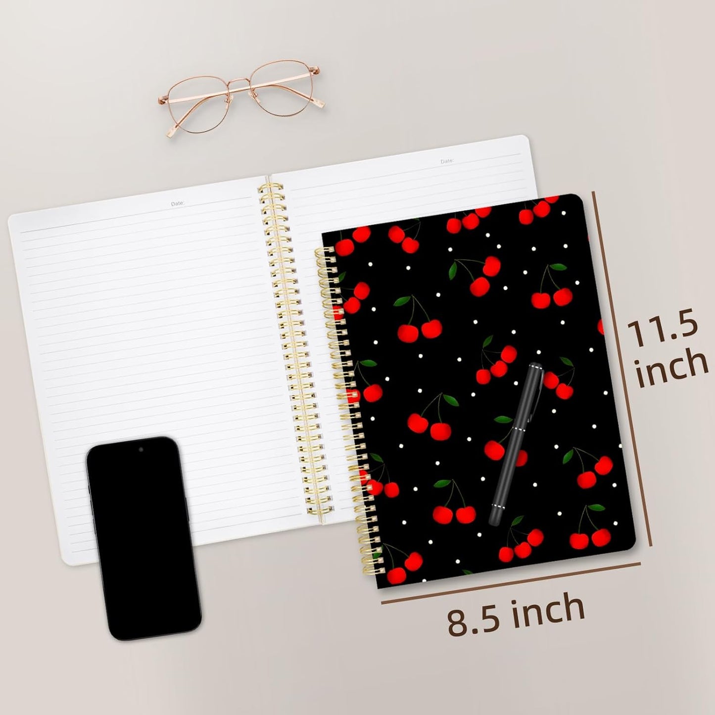 Cute Spiral Notebook journal A4 Aesthetic Pretty Design for Women Girls Kawaii with Pocket, 8.5 x 11 inch, Lined, Cherry