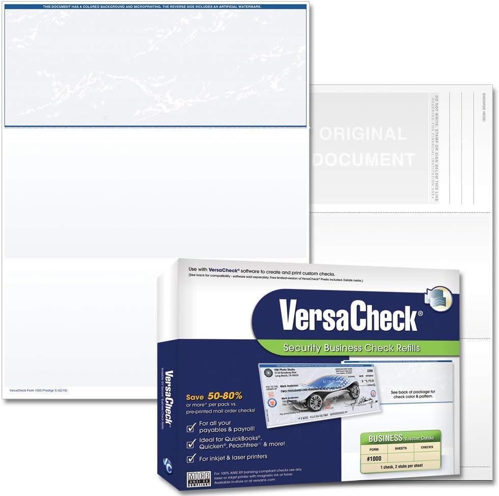 VersaCheck Secure Form #1000 - Blank Business Voucher on Top - Blue Prestige S - 500 Sheets