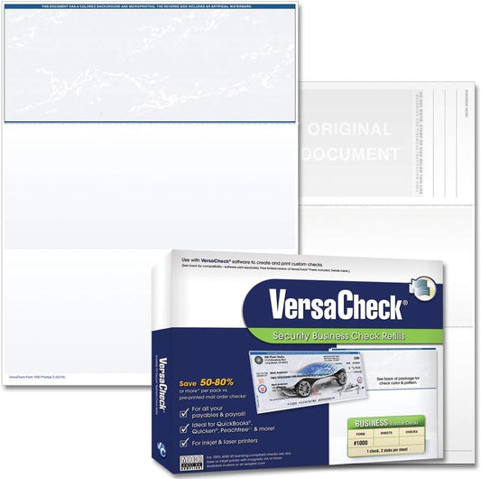 VersaCheck Secure Form #1000 - Blank Business Voucher on Top - Blue Prestige S - 500 Sheets