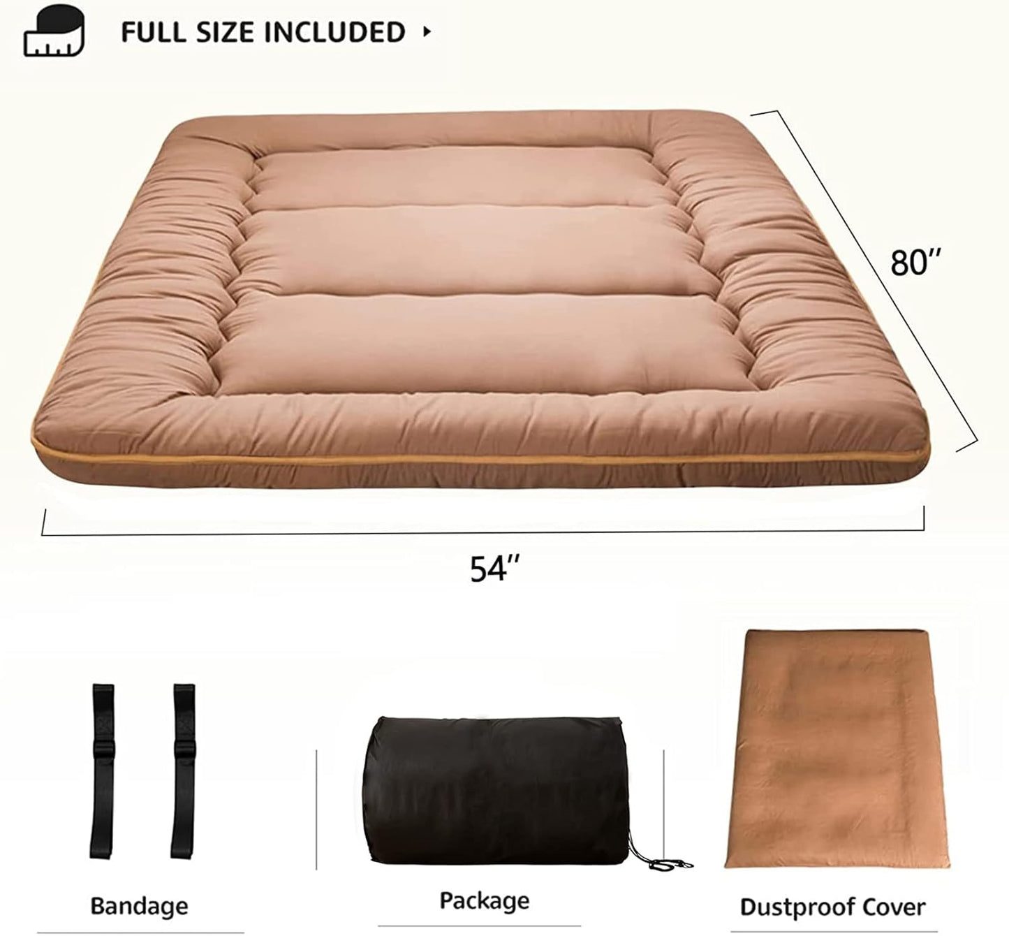 MAXYOYO Japanese Floor Mattress Futon Mattress, Thicken Tatami Mat Sleeping Pad Foldable Roll Up Mattress Boys Girls Dormitory Mattress Pad Kids Floor Lounger Bed, Light Brown, Full