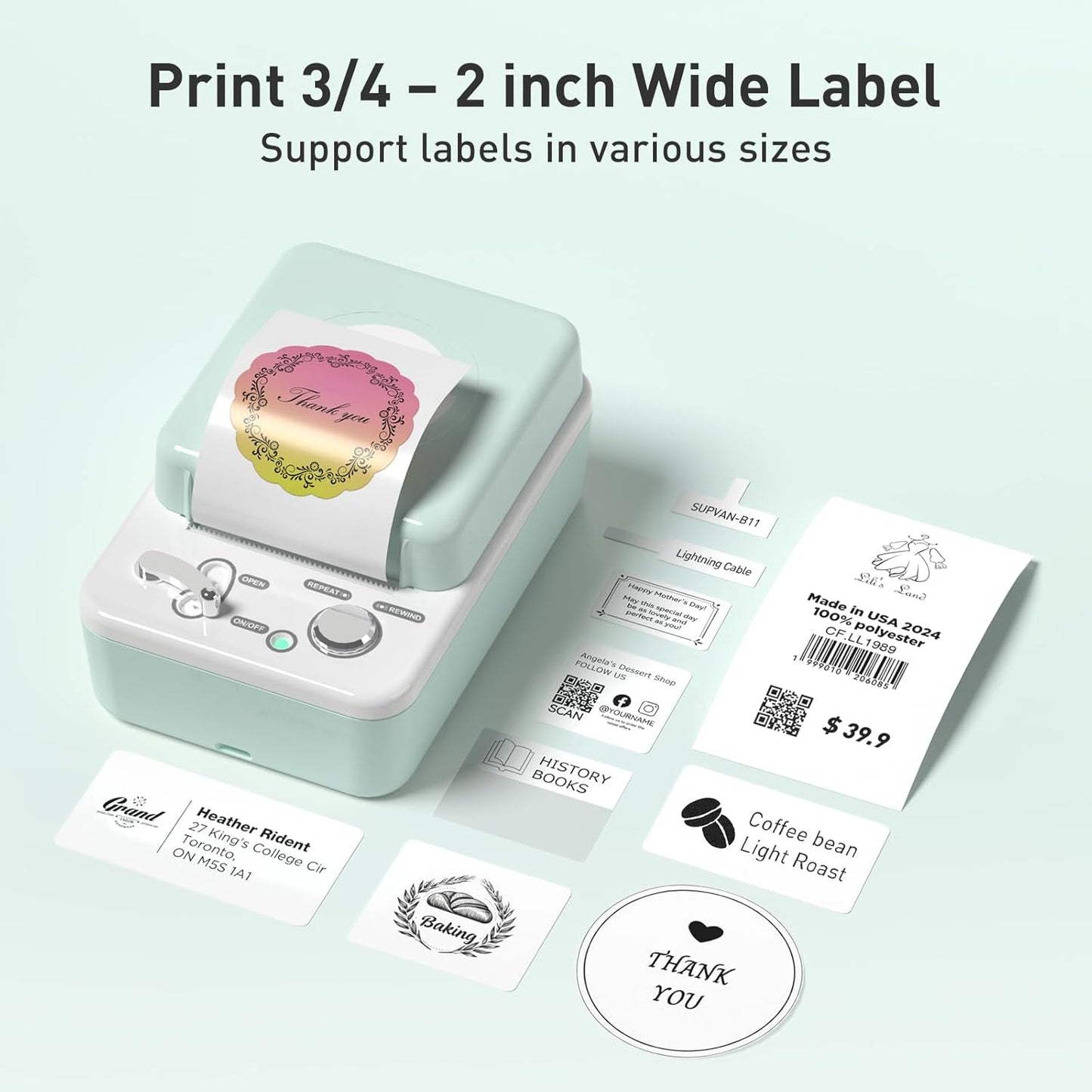 SUPVAN T50M Plus Bluetooth Label Maker Machine with 3 Tapes, High Printing Clarity, Versatile App with 40+ Fonts and 450+ Icons, Inkless Labeler for Business, Home, Office Organization, Green