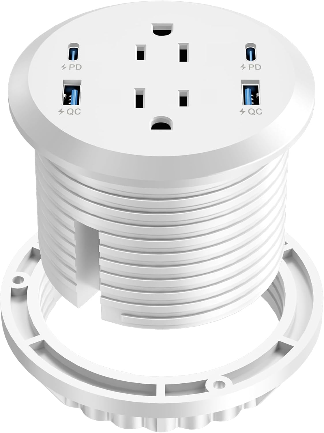 Desktop Power Grommet, 65W USB C Fast Charging, Flush Mount Recessed Power Strip 3-Inch Hole, 2 Outlets, 4 USB Ports, Countertop Outlet (White)