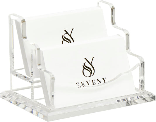 SEVENY Business Card Holder, Clear Acrylic Cards Organizer Stand for Men and Women, Business Cards Case Rack 1 Pack, Holds 120 Cards-2 Slot