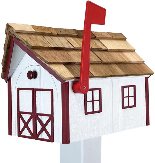 Peaceful Classics Amish Cedar Roof Wooden Mailbox with Window & Door Trim, Handcrafted Mailboxes for Outside, Post Mount Residential Mailboxes - (White with Burgundy Trim)