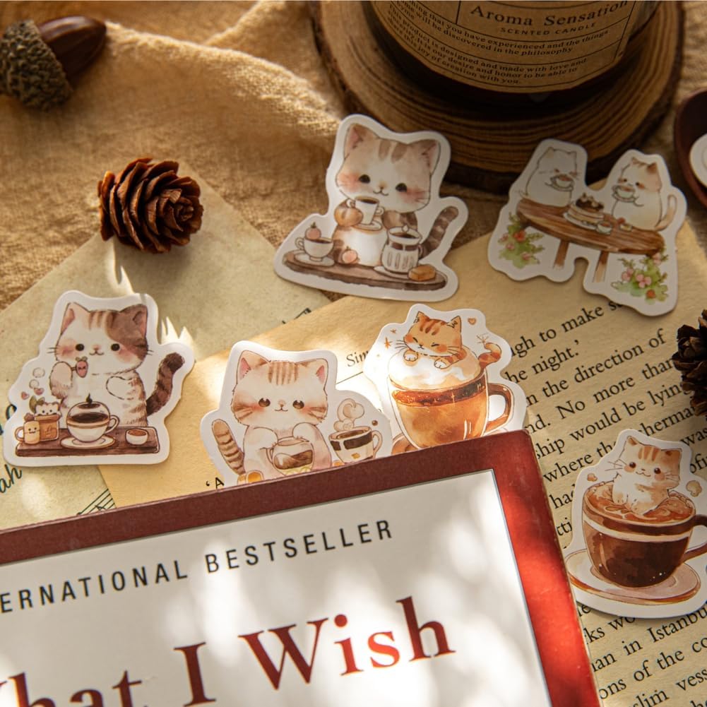 46 Pcs Small Coffee Cat Stickers for Scrapbooking Diary Laptop Junk Journal Notebook Kids Envelope Card Making Diary Planner Craft DIY Craft Decoration, 23 Patterns