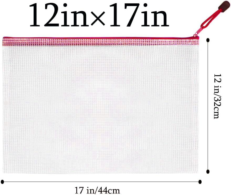 Mesh Zipper Pouch Bag,A3 Zipper Bag for Organizing Storage, Waterproof Zipper Pouch, 17" x 12"/44cm x 32cm, File Bag for School and Office Supplies (Red)