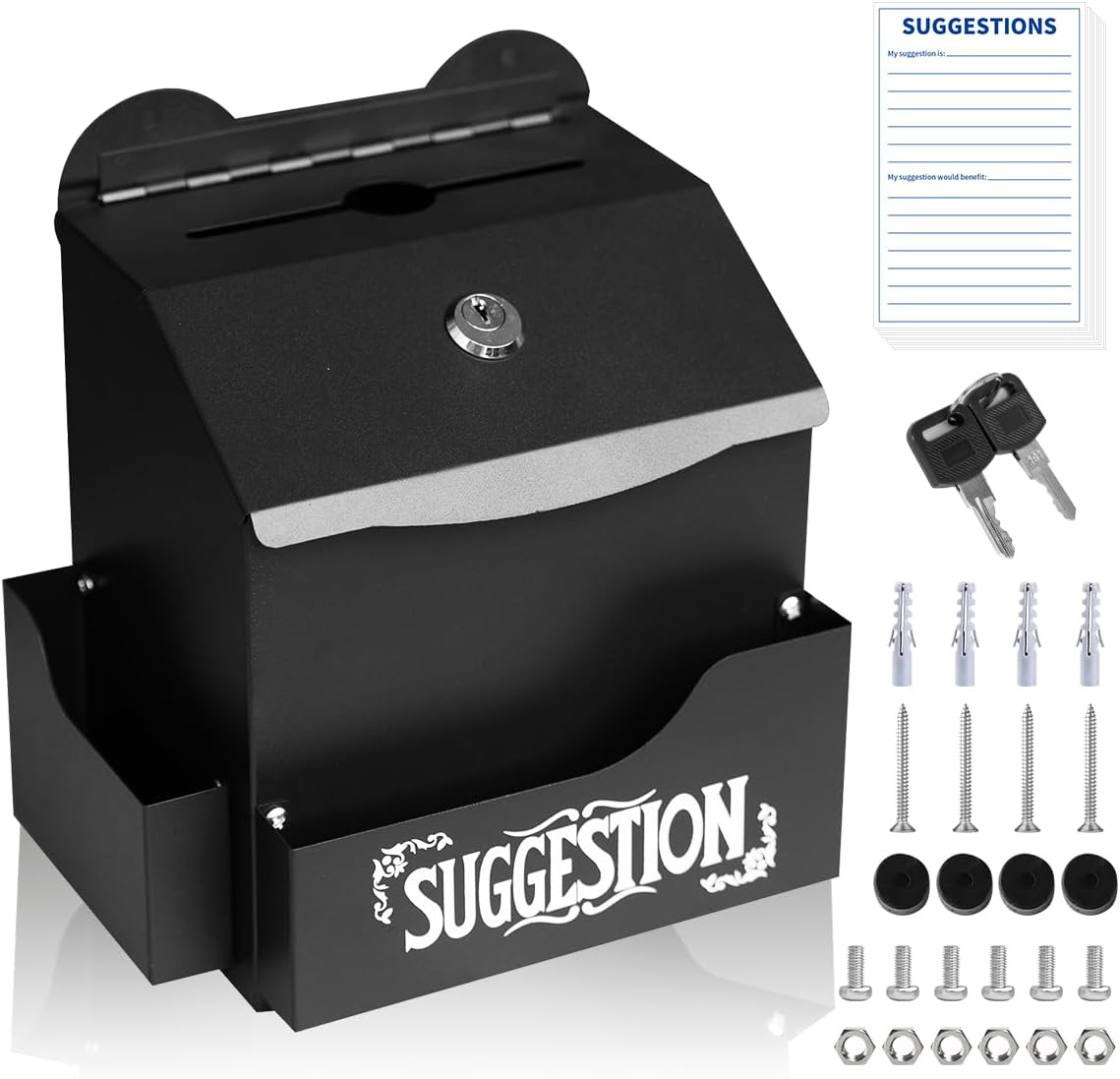 Metal Suggestion Box with Suggestions Lettering, Wall-Mounted&Tabletop With Lock Pen Holder Suggestion Cards*50pcs for Fundraising Comment Voting Prayer Money Drop Donation 8.46×5.9×6.96"