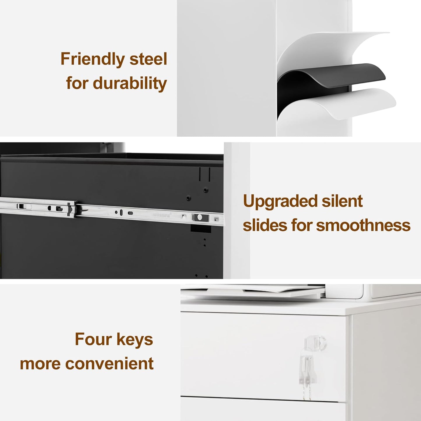 Mobile File Cabinet with 3 Locks, 3 Drawer File Cabinets for Home Office, Under Desk Metal Filing Cabinet for A4/Letter/Legal, Lockable, Fully Assembled Except castors, White