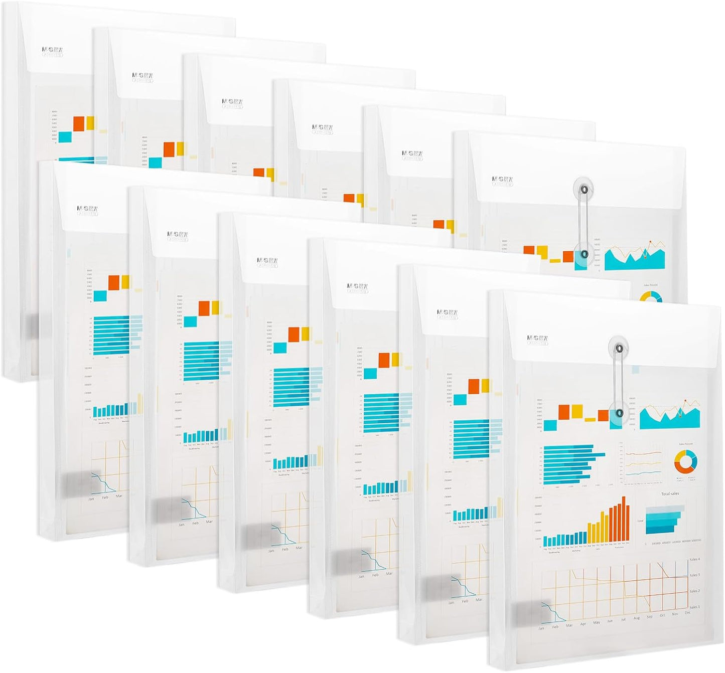 M&G 12 Pack Plastic Envelopes File Folders, Clear Poly Document Folder, Expandable Files Document Folders with Button & String Tie Closure- US Letter A4 Size for School Home Work Office Organizer