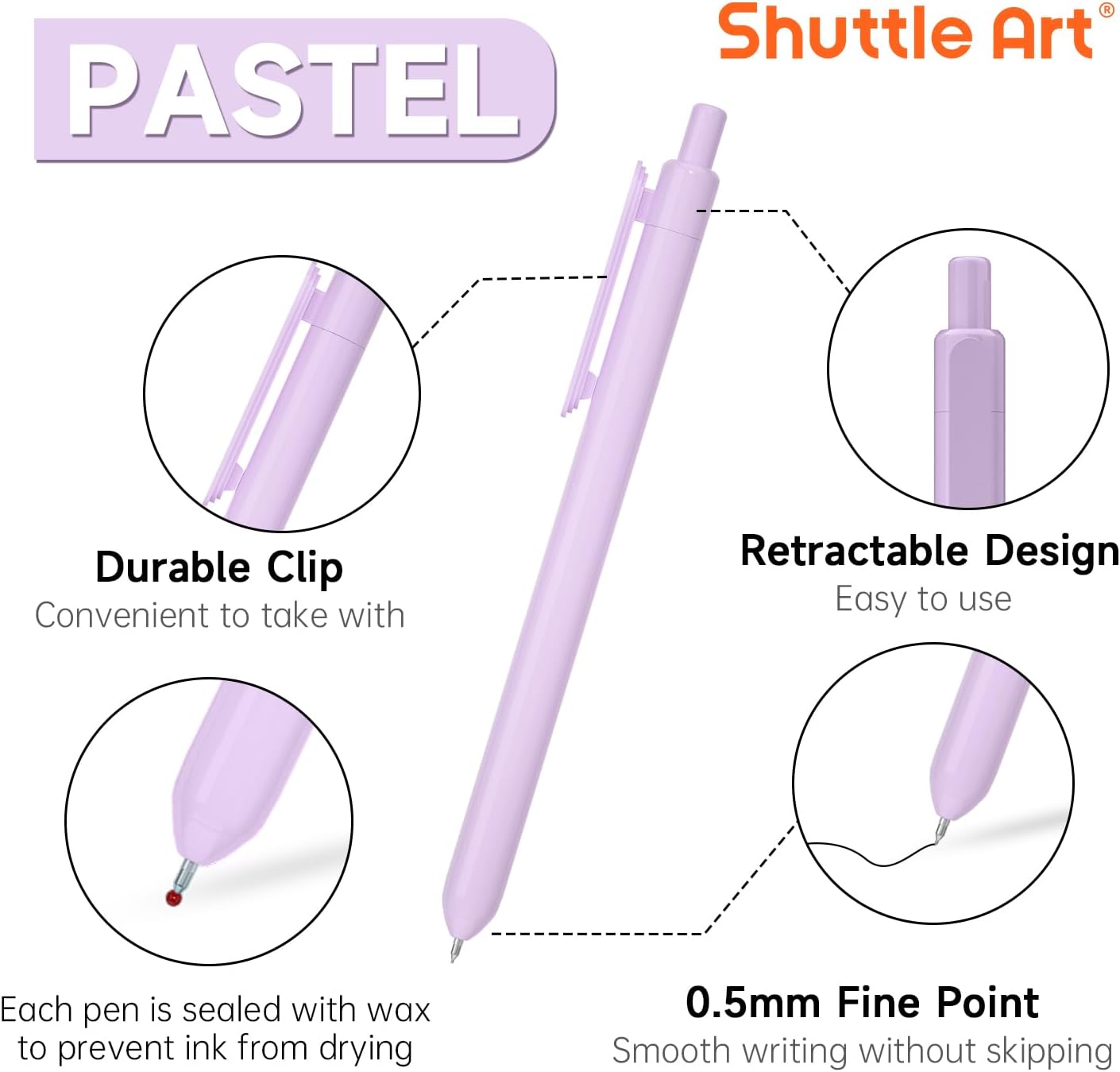 Shuttle Art Retractable Pastel Gel Ink Pens, 11 Pack Black Ink Pens, Cute Pens 0.5mm Fine Point for Writing Journaling Taking Notes School Office Home