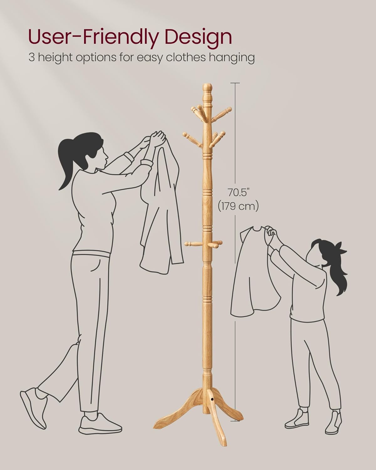 VASAGLE Solid Wood Coat Rack and Stand, Free Standing Hall Coat Tree with 10 Hooks for Hats, Bags, Purses, for Entryway, Hallway, Rubberwood, Natural Beige URCR003Y01